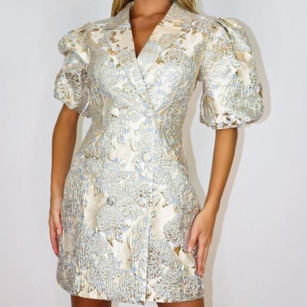 Misguided blue metallic gold dress with puff sleeves size 12